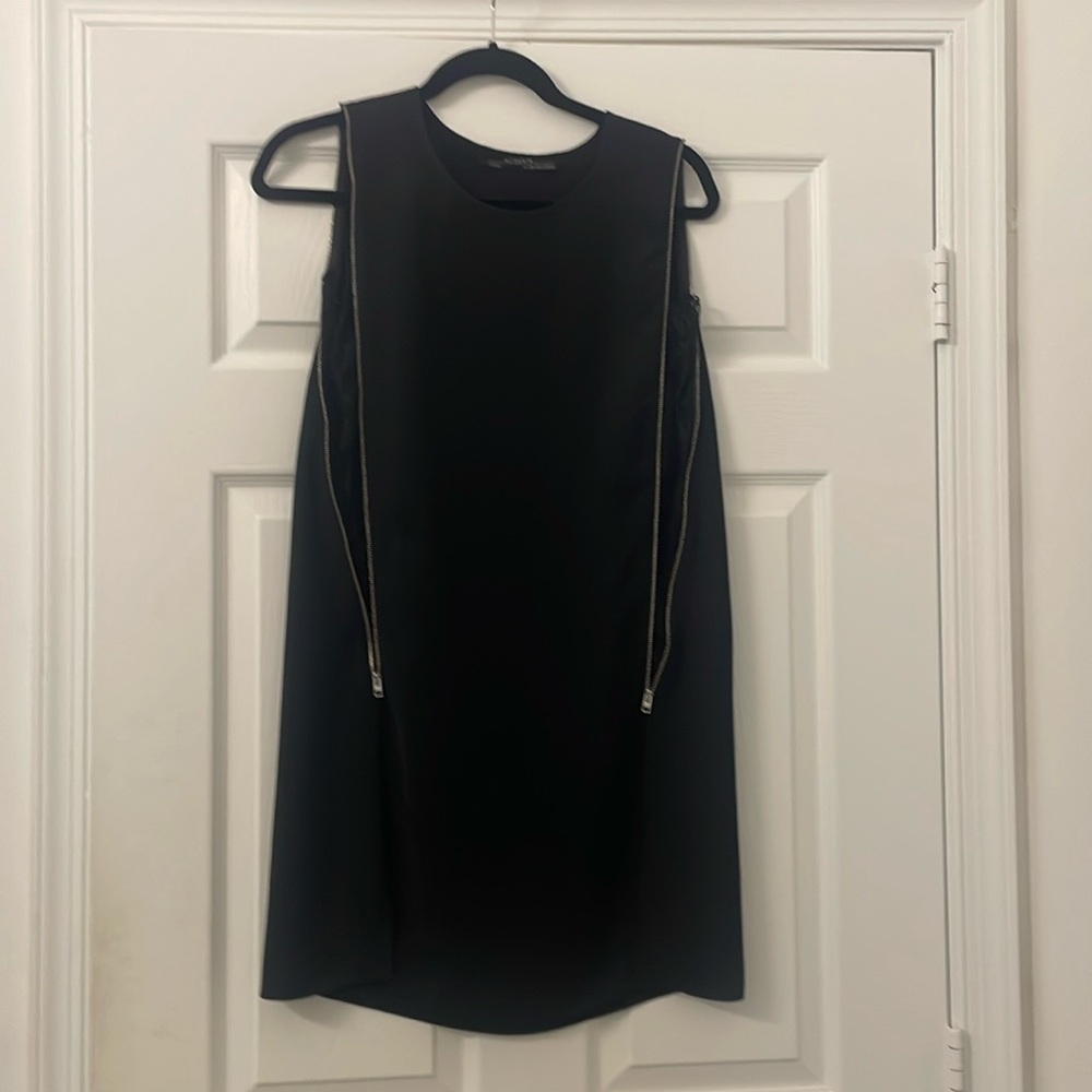 All Saints black shift dress with zipper detail and lace insets